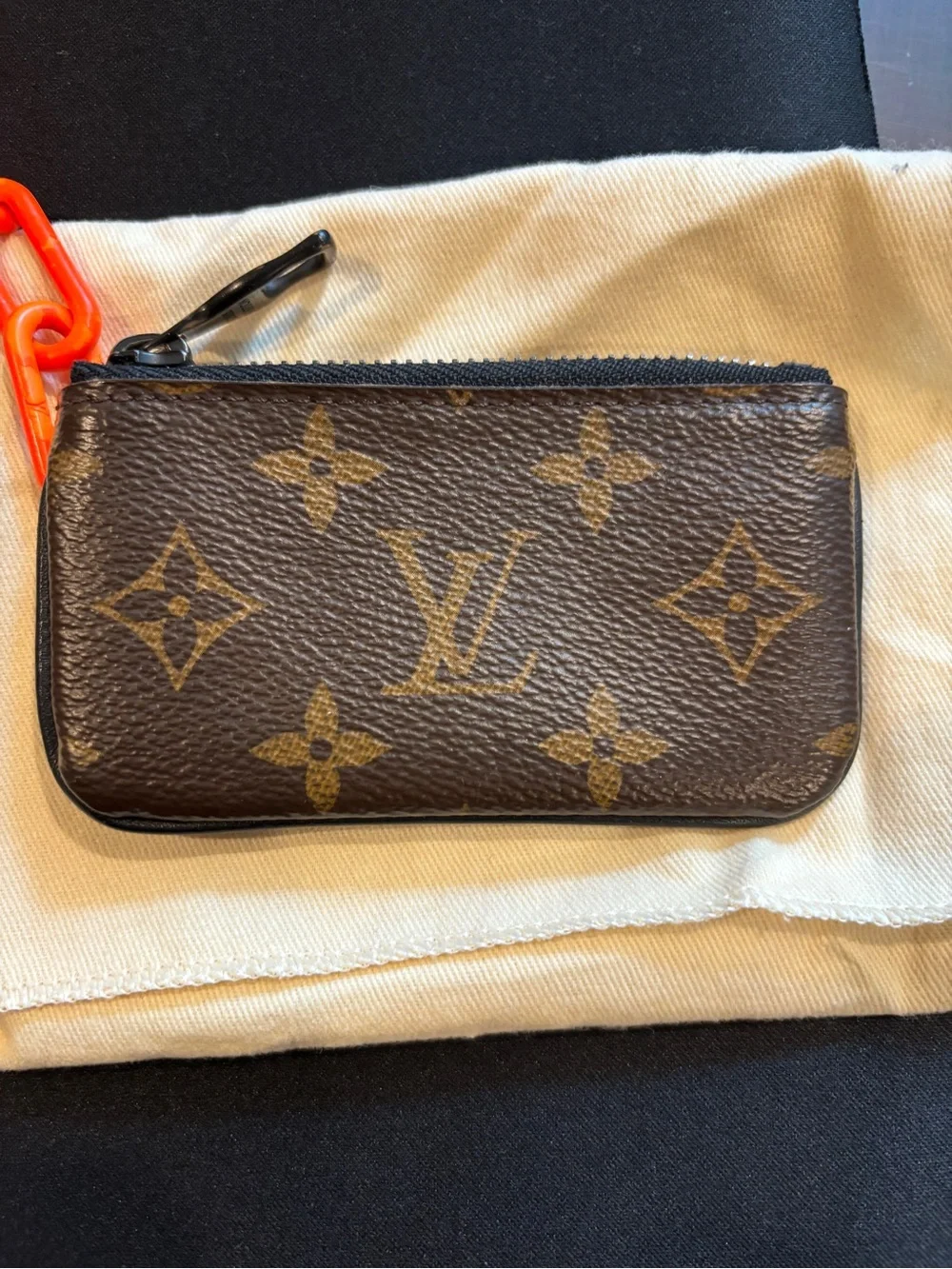 Louis Vuitton Brown Monogram Pouch with Bright Orange Chain